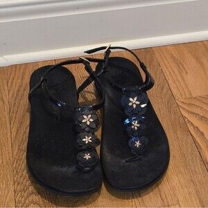 Vionic JULIE Black and Gold Flowers Toe Post Sandals Arch Support 9.5
